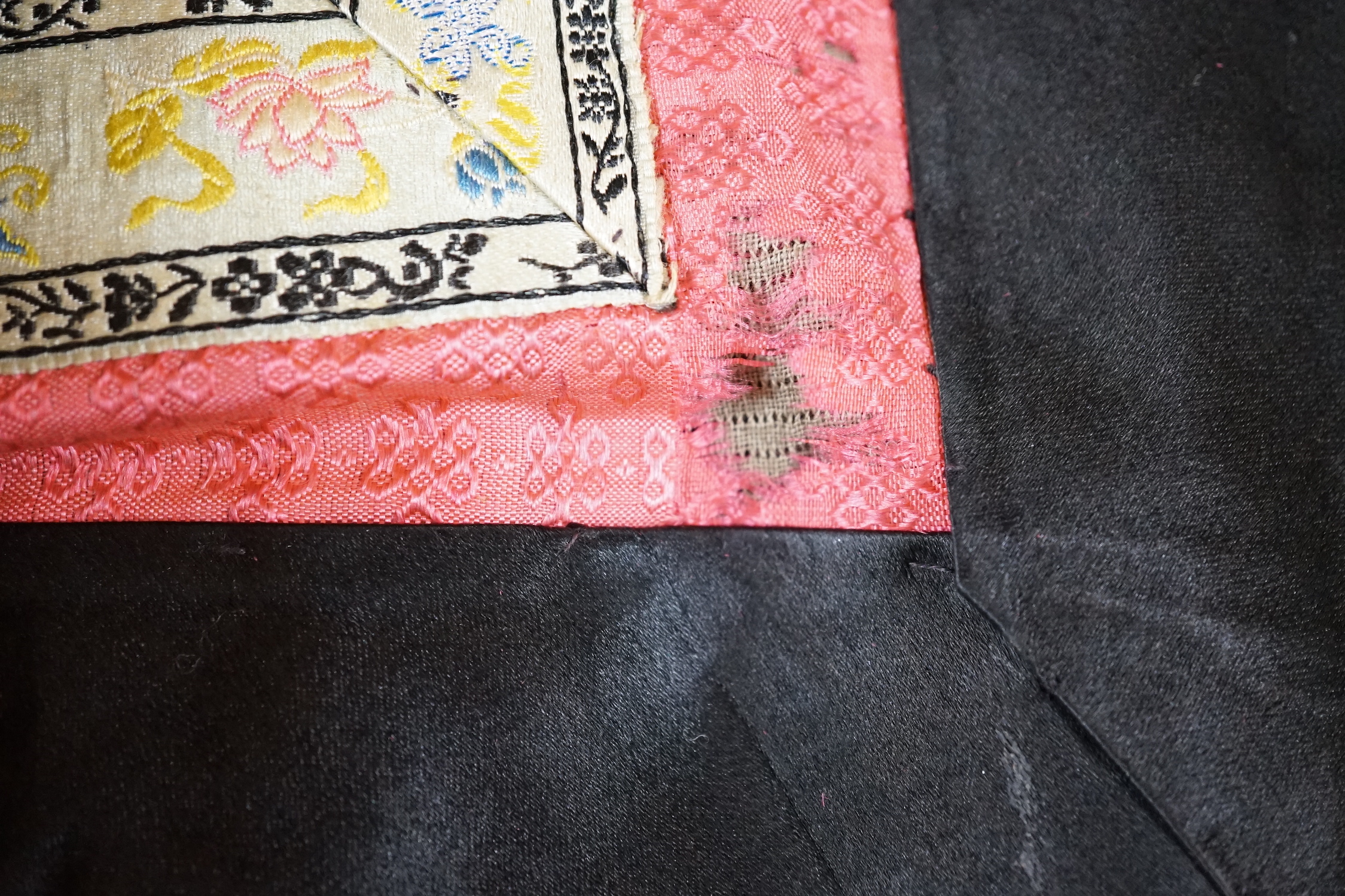 Two mid 20th century Chinese embroidered Rank Badges, a large gold thread dragon embroidered collar, three Chinese embroidered panels and a Japanese 1930’s Shantung silk dragon embroidered Kimono dressing gown